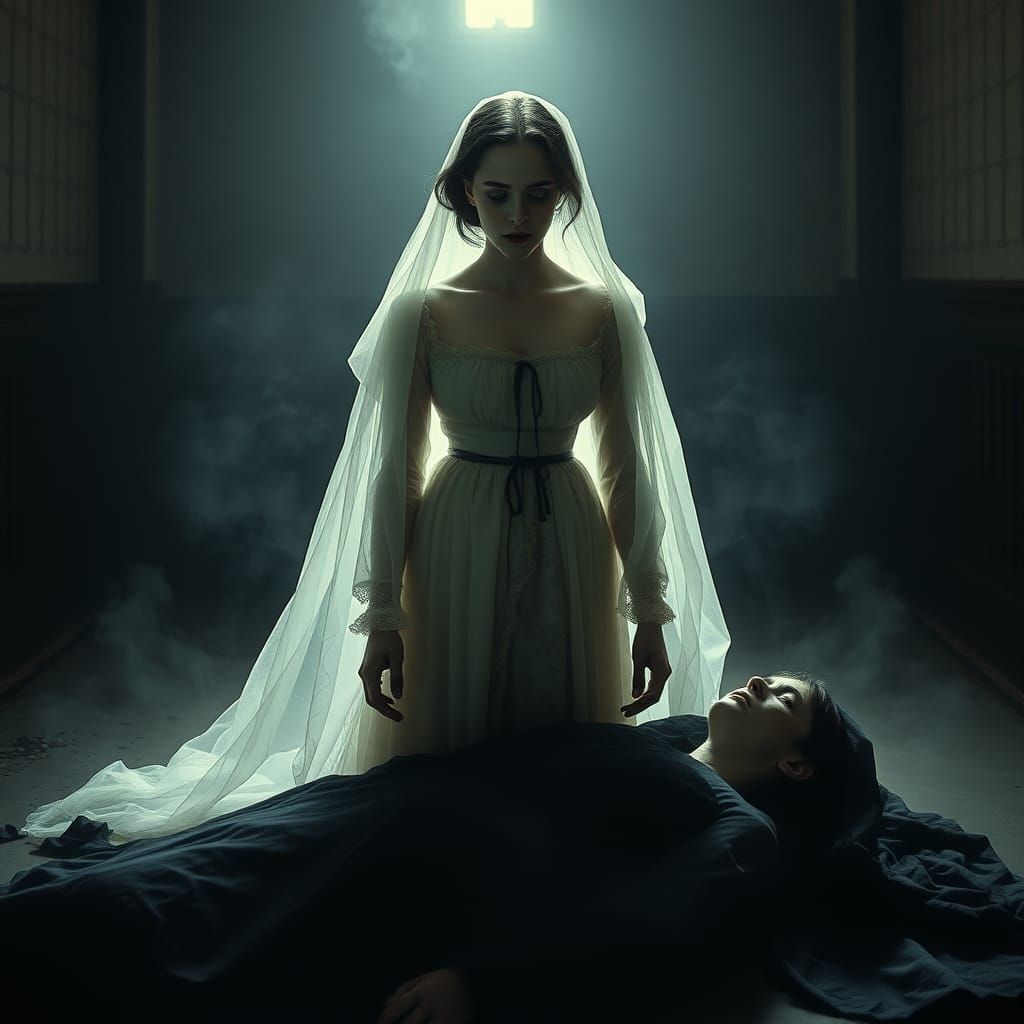 Ethereal Ghost Hovering Over Body in Chapel