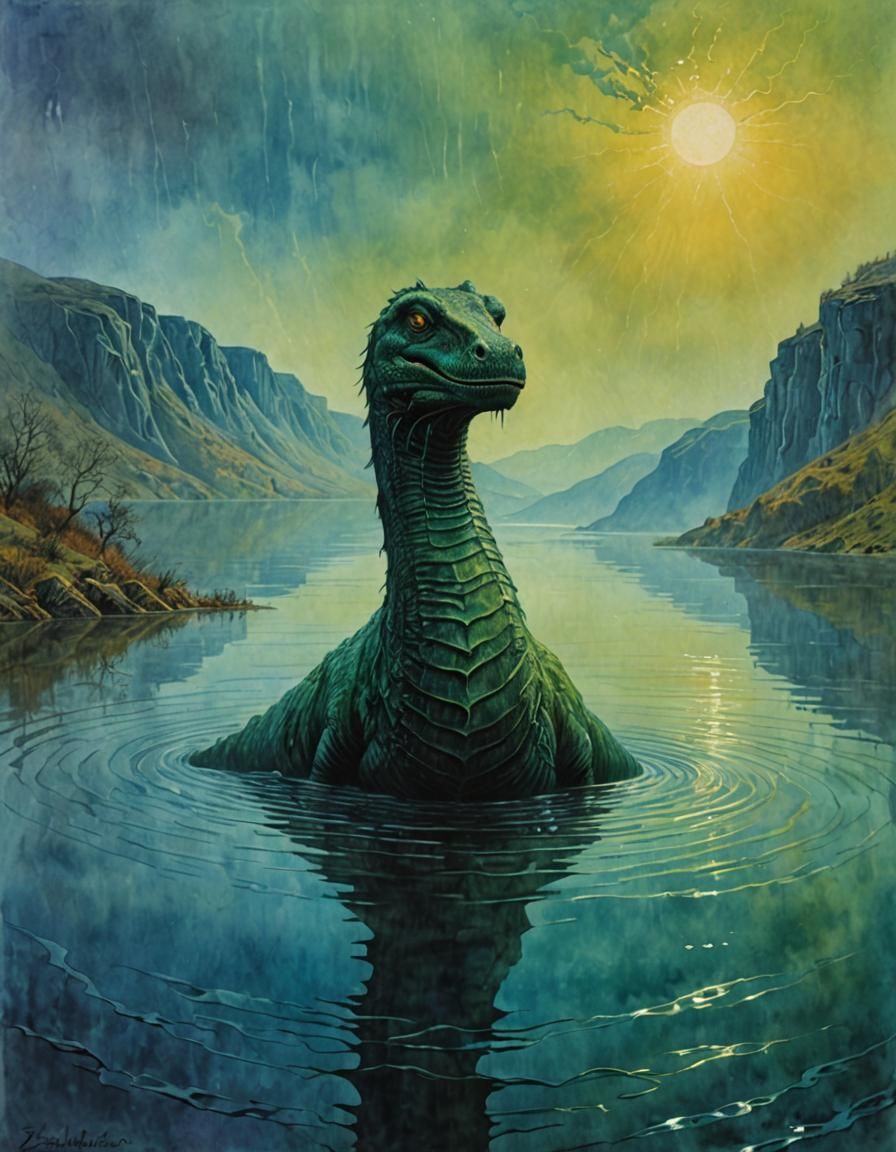 Loch Ness Monster Portrait in Gouache Style