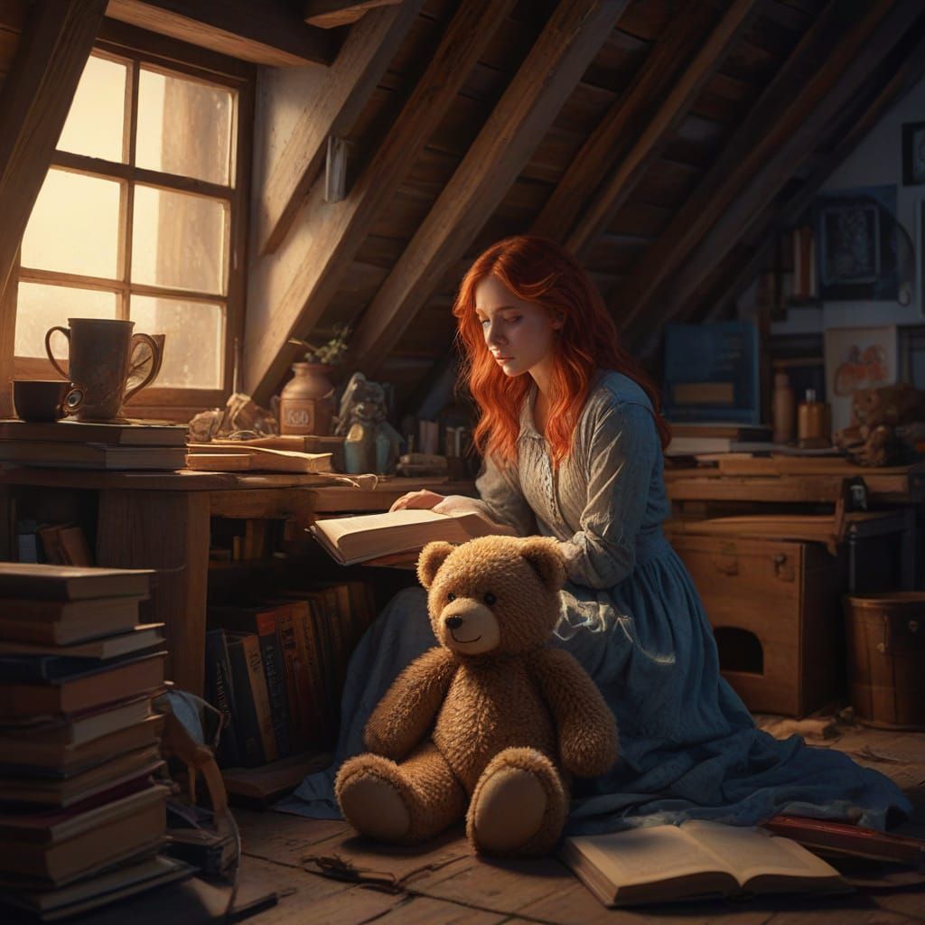 Red-Haired Girl in Attic, Oil Painting