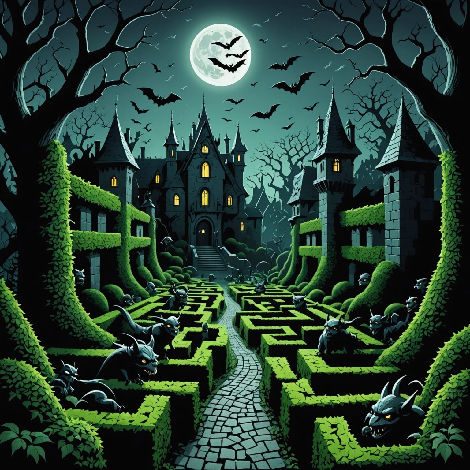Eerie Gargoyle Maze in Dark Fantasy Style