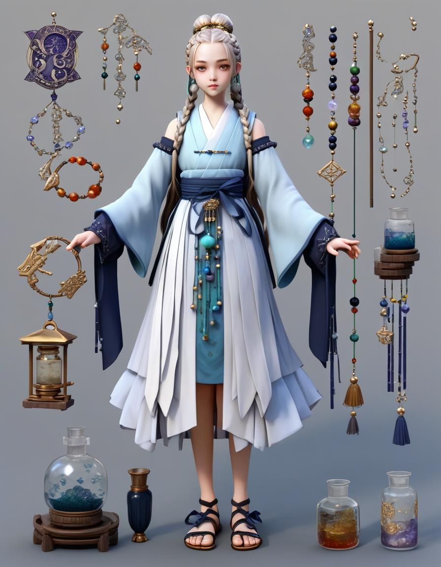 Sorceress of High Fantasy in Elegant Hakama and Braids