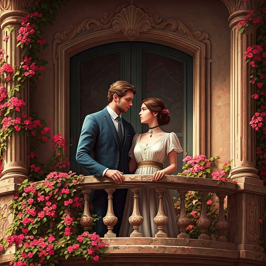Romantic Balcony Scene with Bougainvillea, Art Nouveau Style