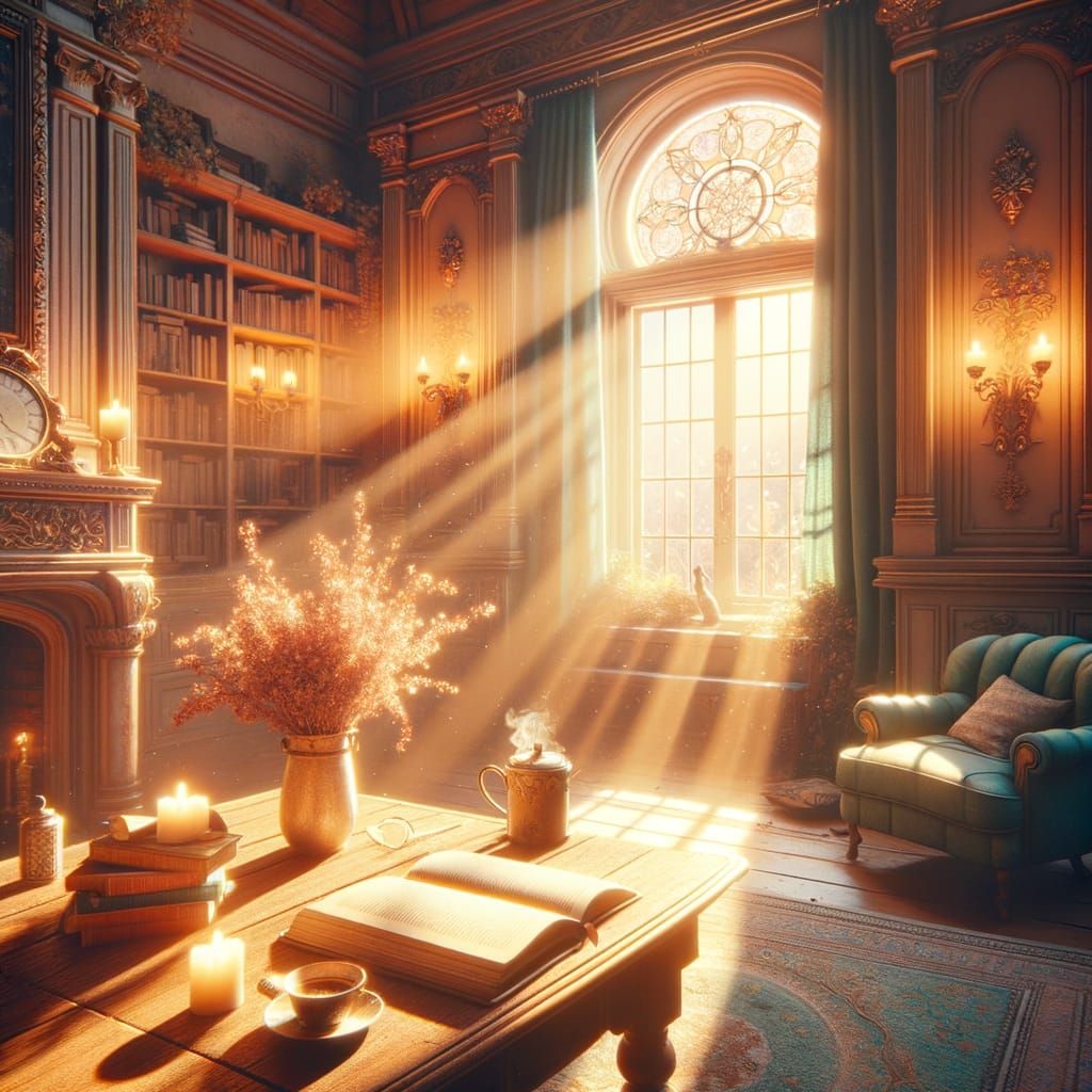 Cozy Sunlit Room at Golden Hour with Coffee and Book