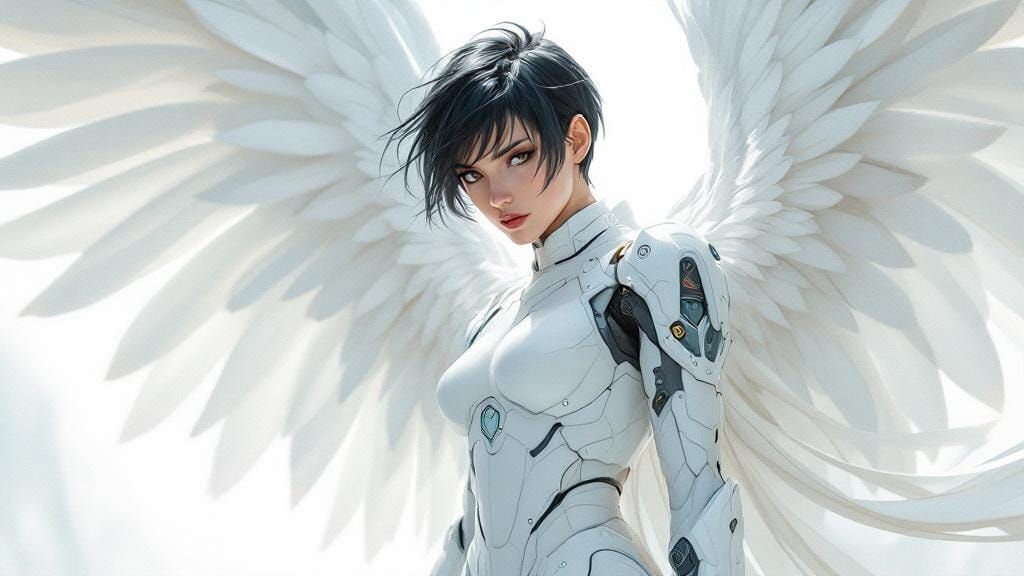 Futuristic Winged Warrior in Cyberpunk Anime Style