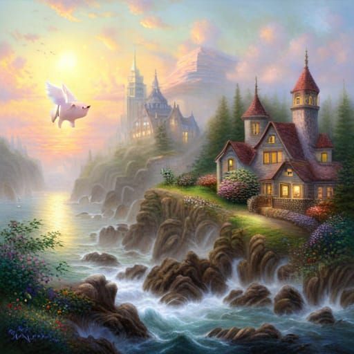 Whimsical Flying Pig in Ethereal Fantasy Landscape