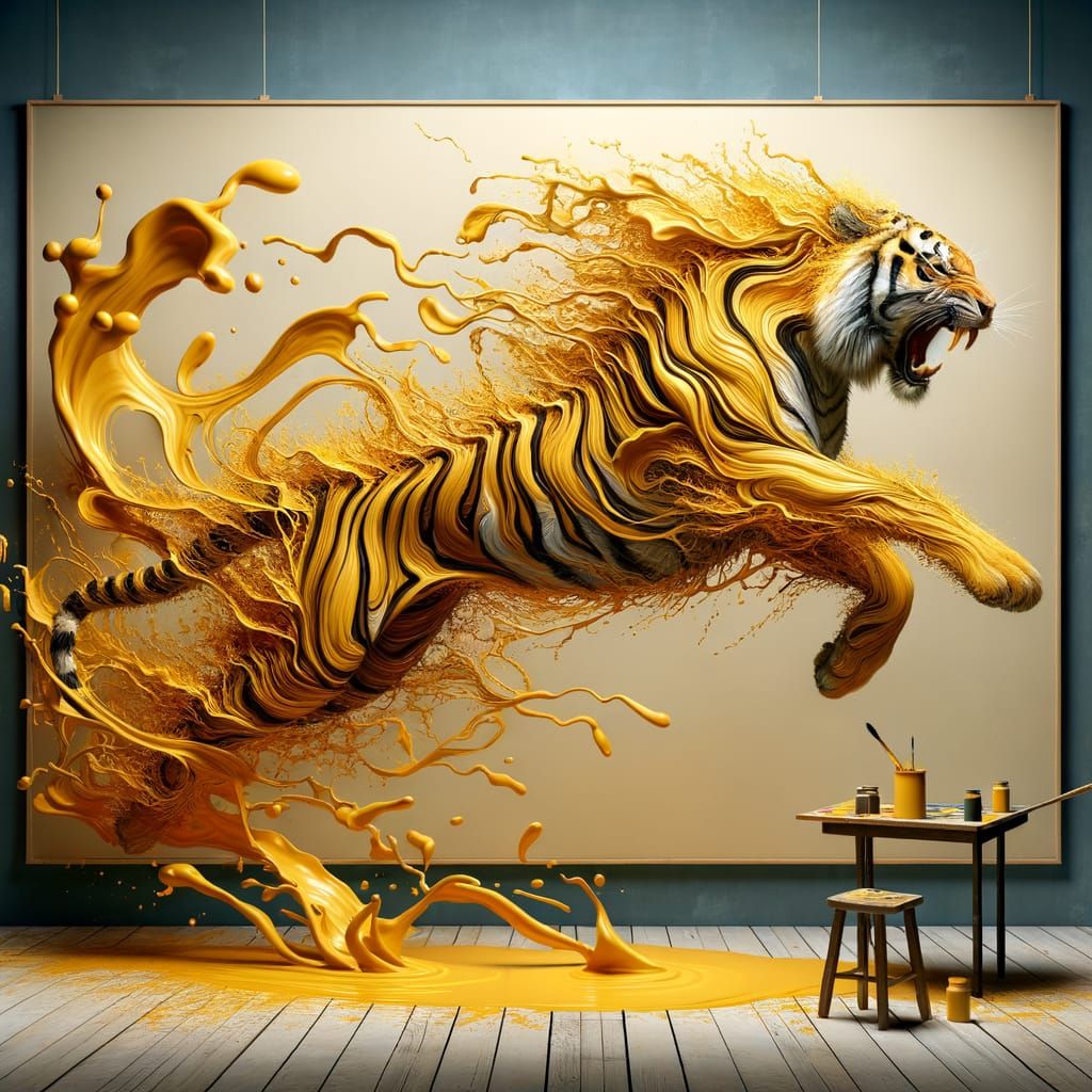 Golden Tiger Emerges from Paint Splatters in Dynamic Art