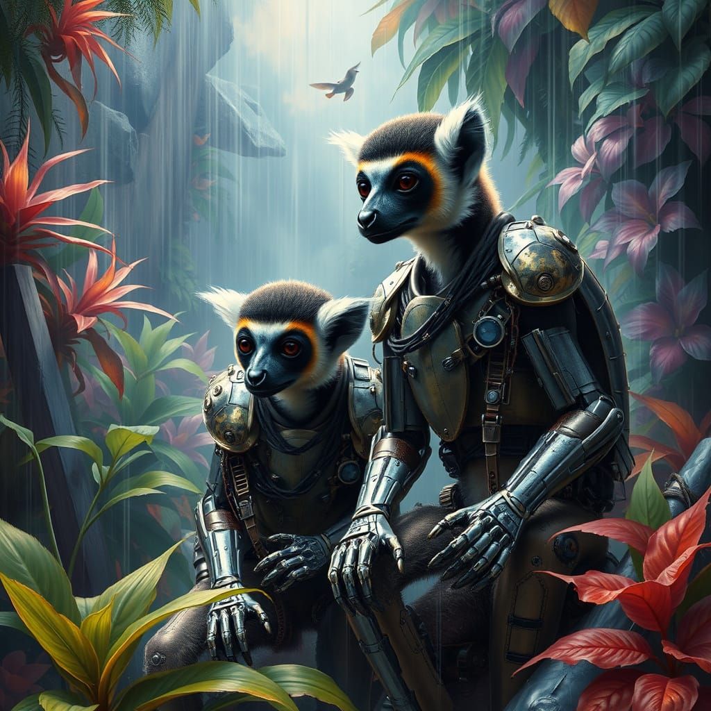 Biomechanical Lemurs in Surreal Tropical Dreamscape