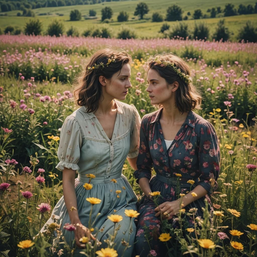 Sapphic Love in a Flower Field: Cinematic Still
