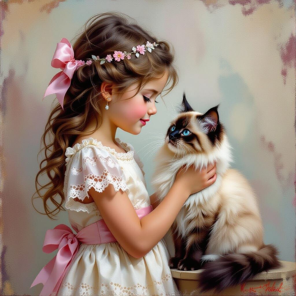 Girl and Kitten: Elegant Realism with Vibrant Colors
