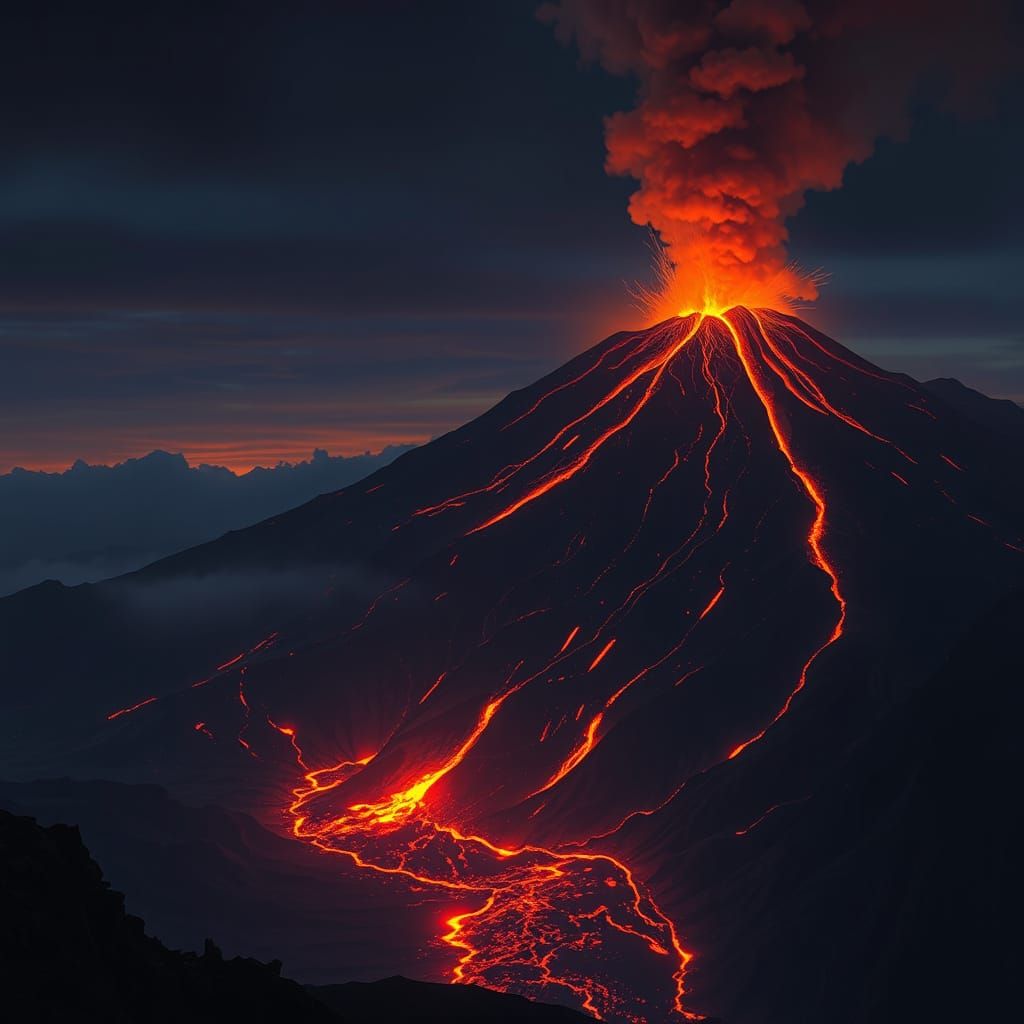Vesuvius Erupting at Night with Molten Lava