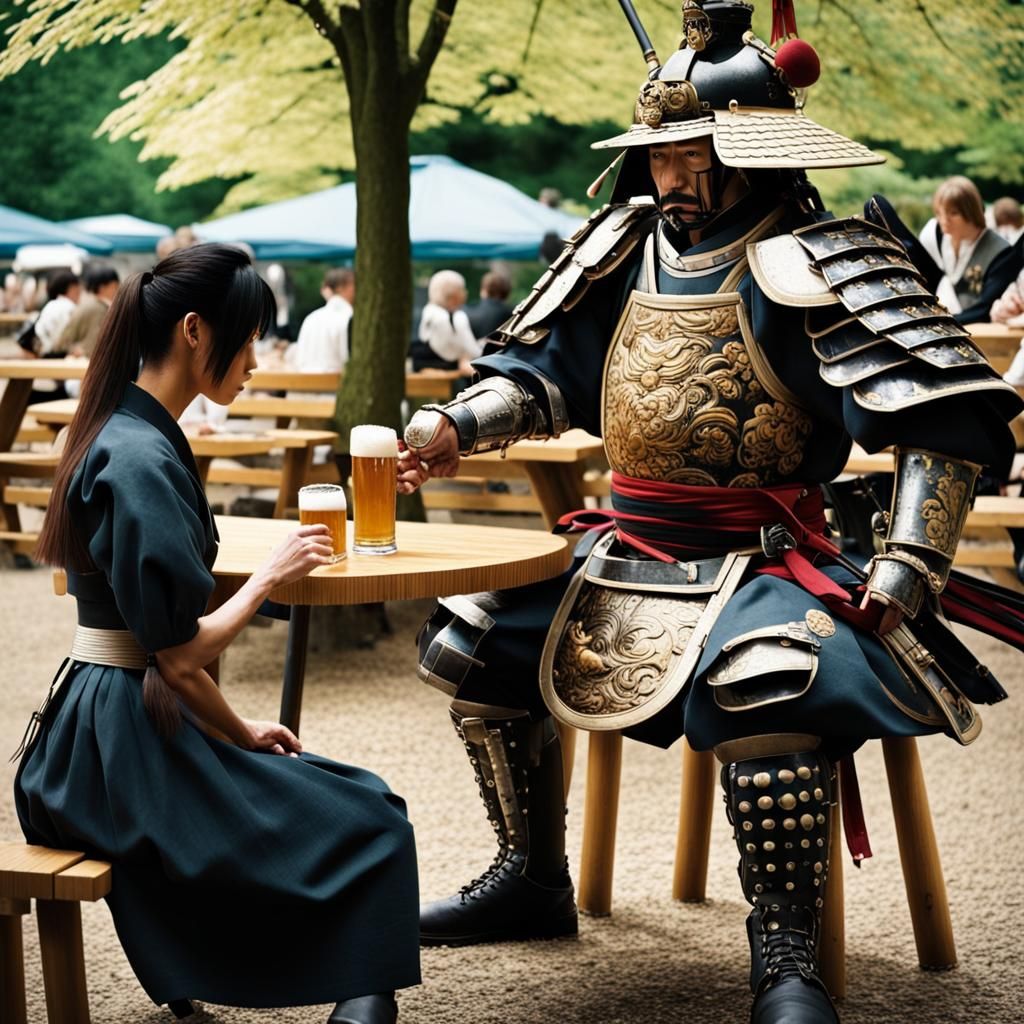 Samurai in Bavaria: A Surreal Beer Garden Scene