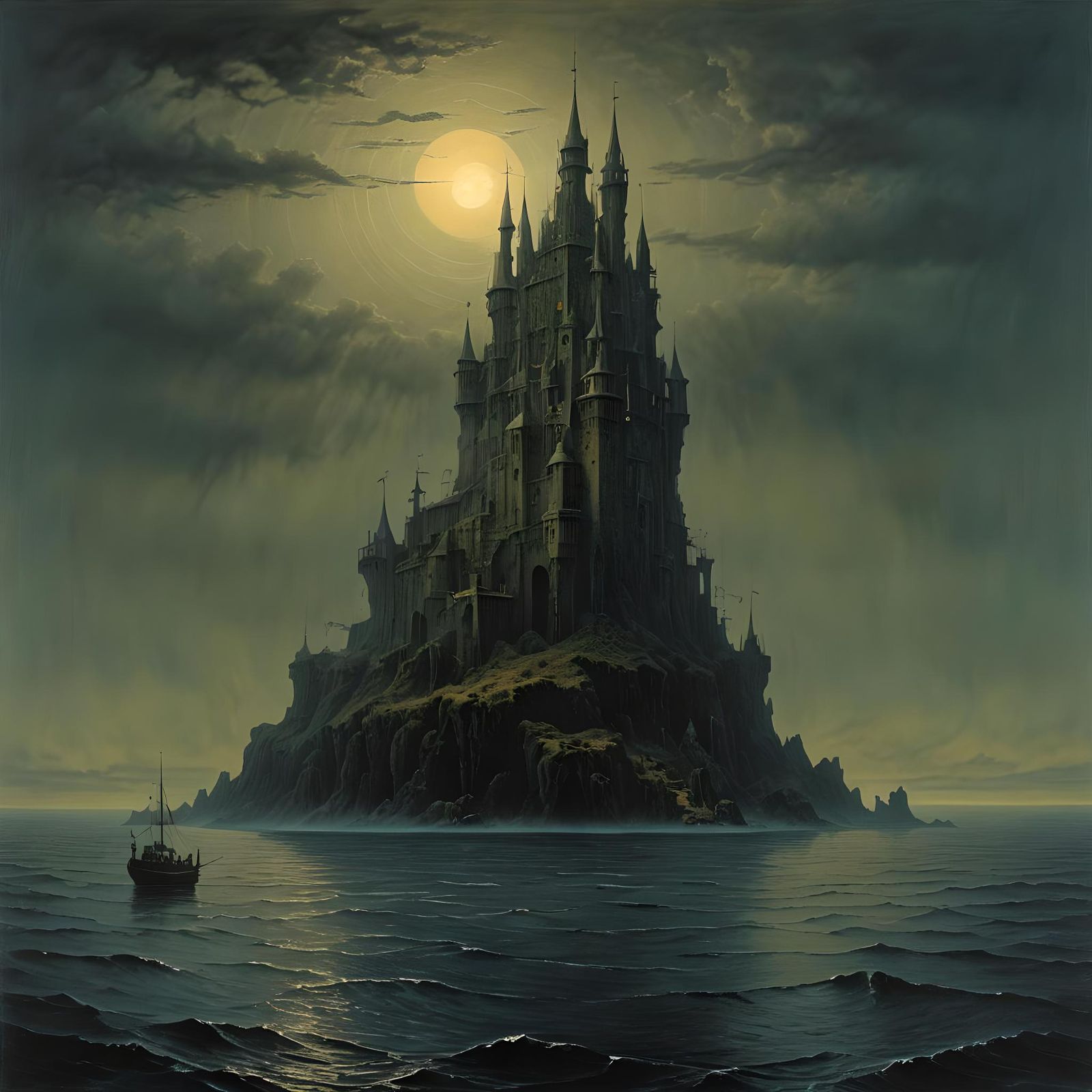 Eerie Fantasy Castle on Island, Surreal Art
