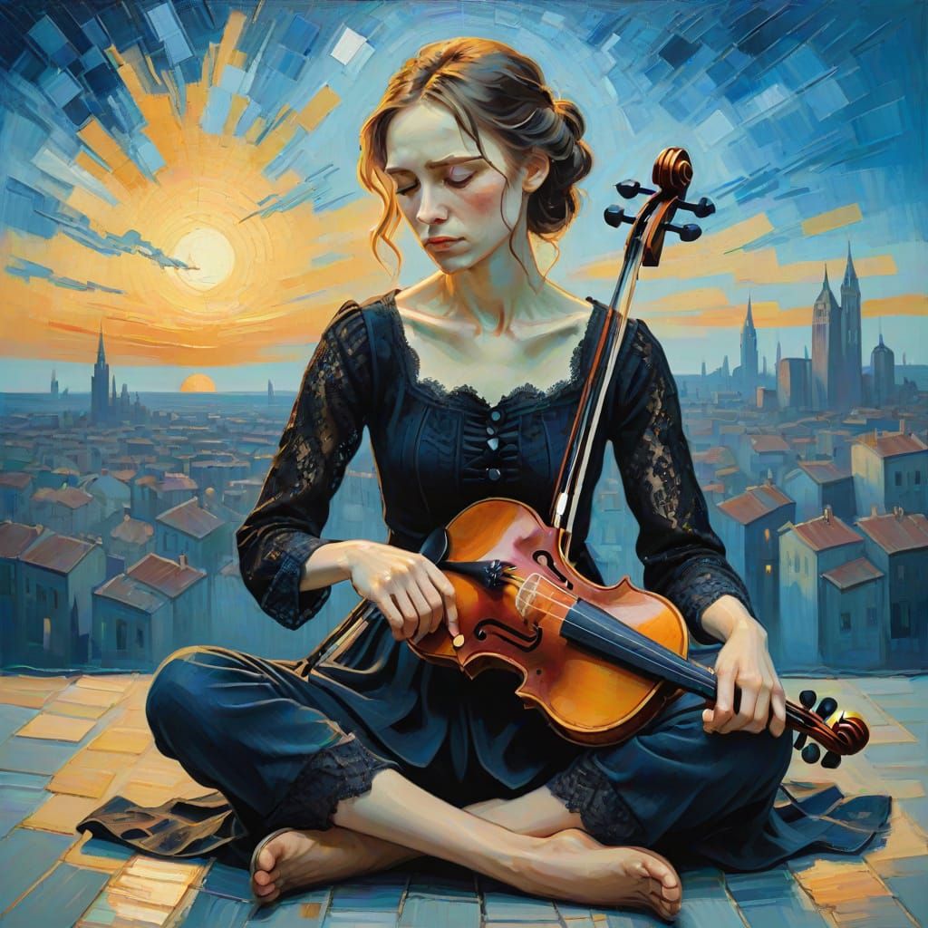 Beautiful Woman Plays Violin Against Abstract Cityscape