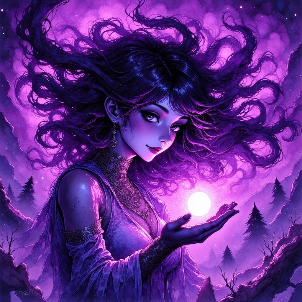 Magical Woman Holding Moon in 80s Anime Style