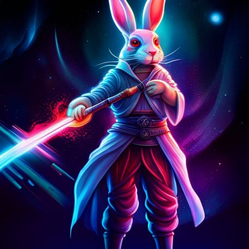 Cosmic Rabbit with Katana in Synthwave Style