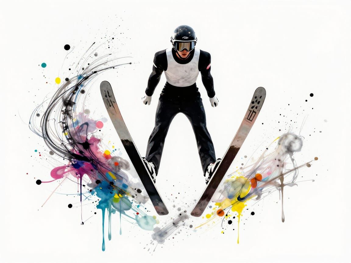 Dynamic Ski Jumper in Mid-Air Ink Splash Art