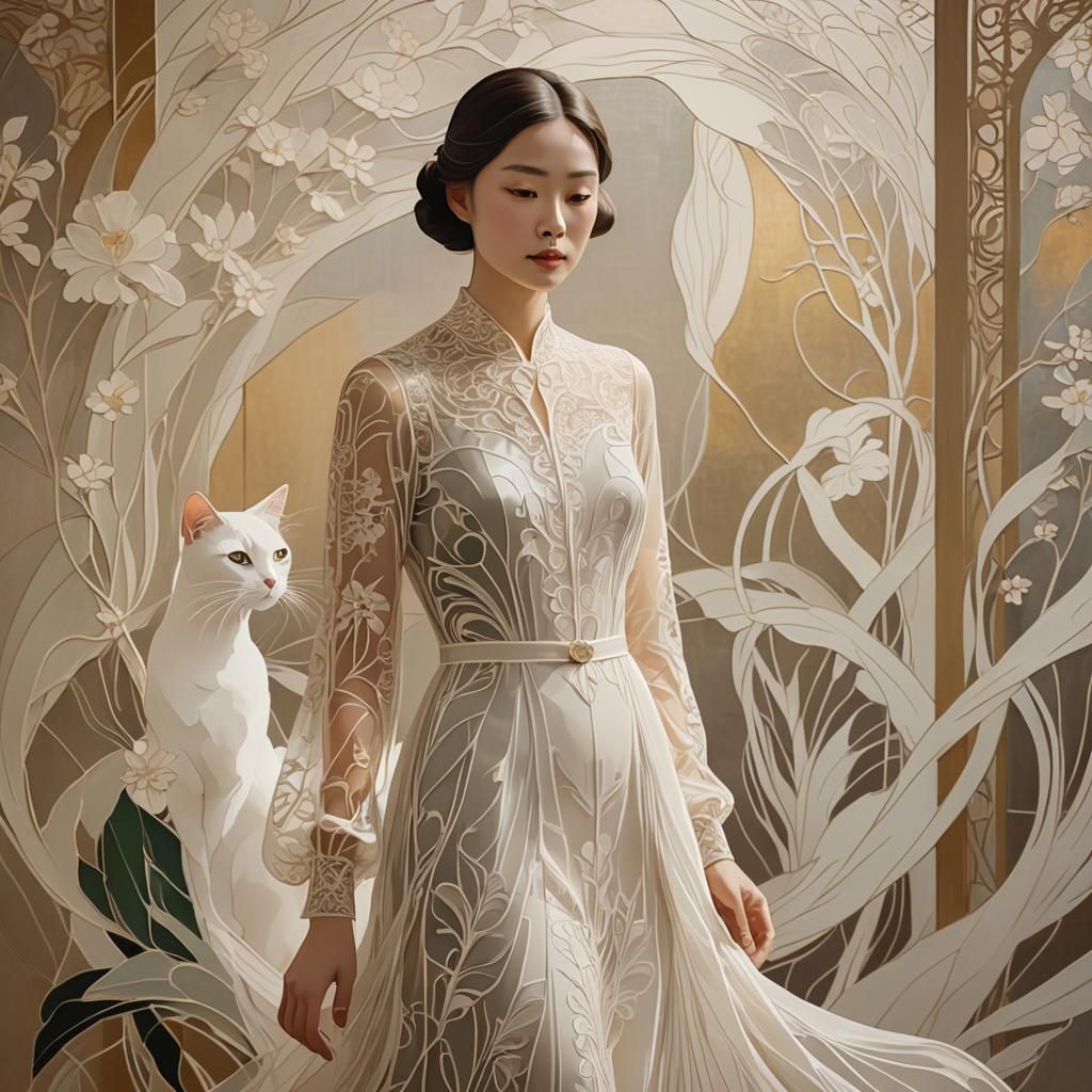 Elegant Lady with White Cat in Art Nouveau Style