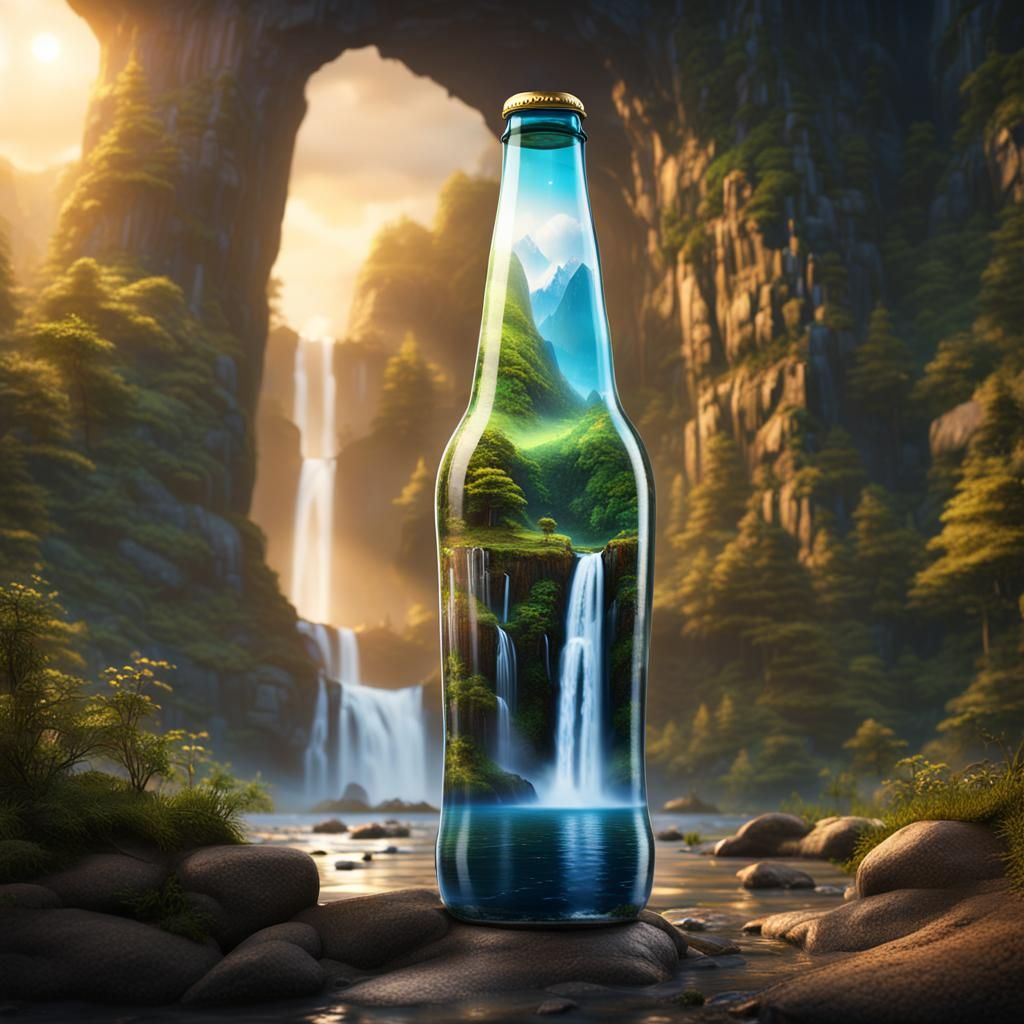 Waterfall Inside Beer Bottle: Fantasy Concept Art