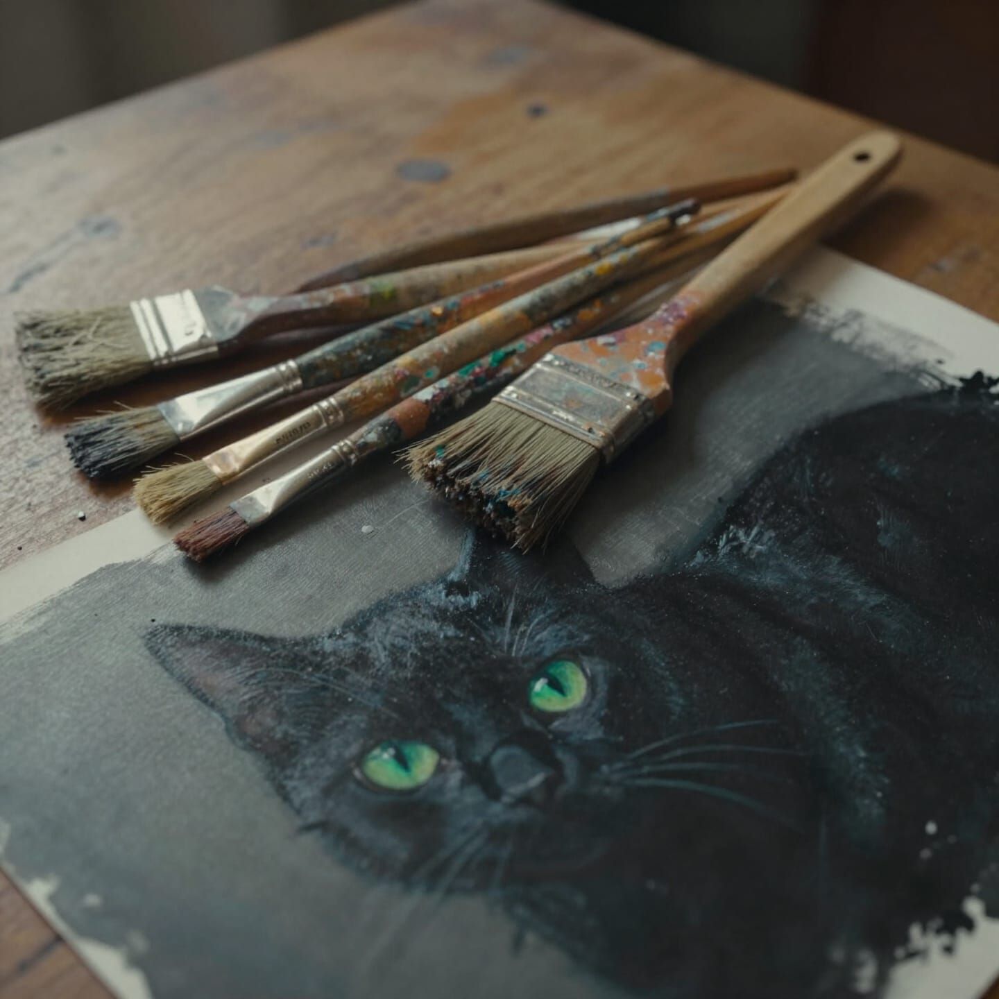Messy Paintbrushes Before Abstract Black Cat Painting