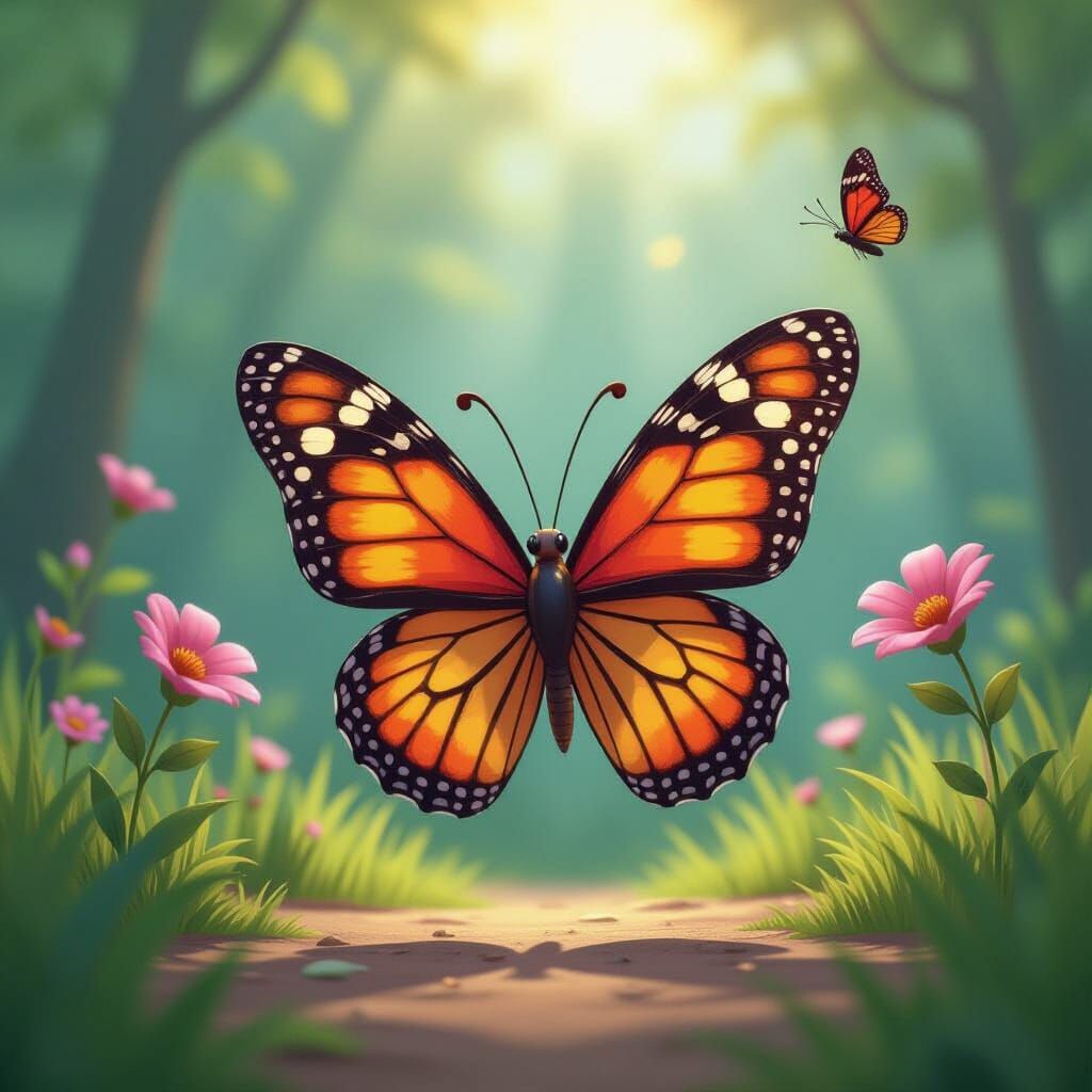 Cartoon Butterfly Avoiding Net in Pixar Style