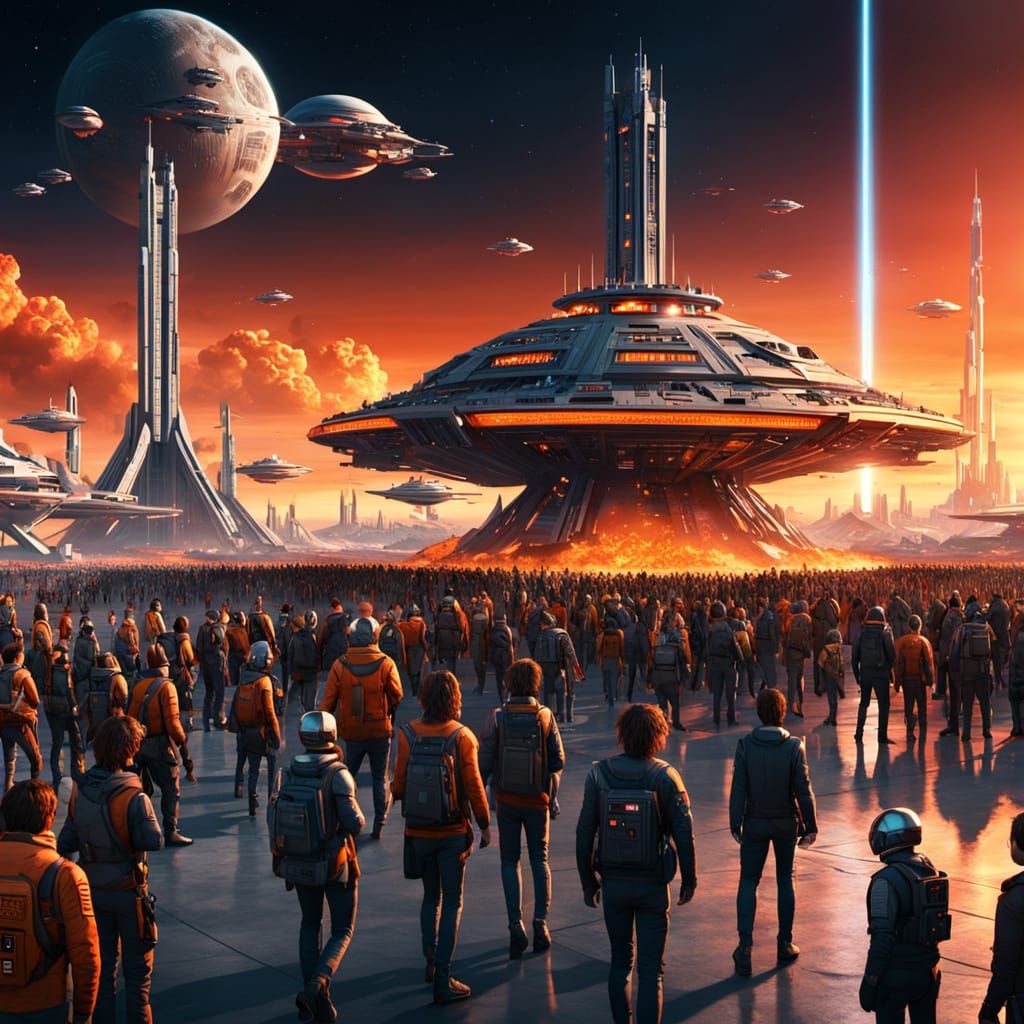 Atlantis Burns: People Evacuate Earth in Sci-Fi Style