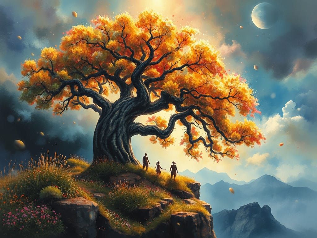 Mysterious Tribal Ritual in Vibrant Fractal Forest