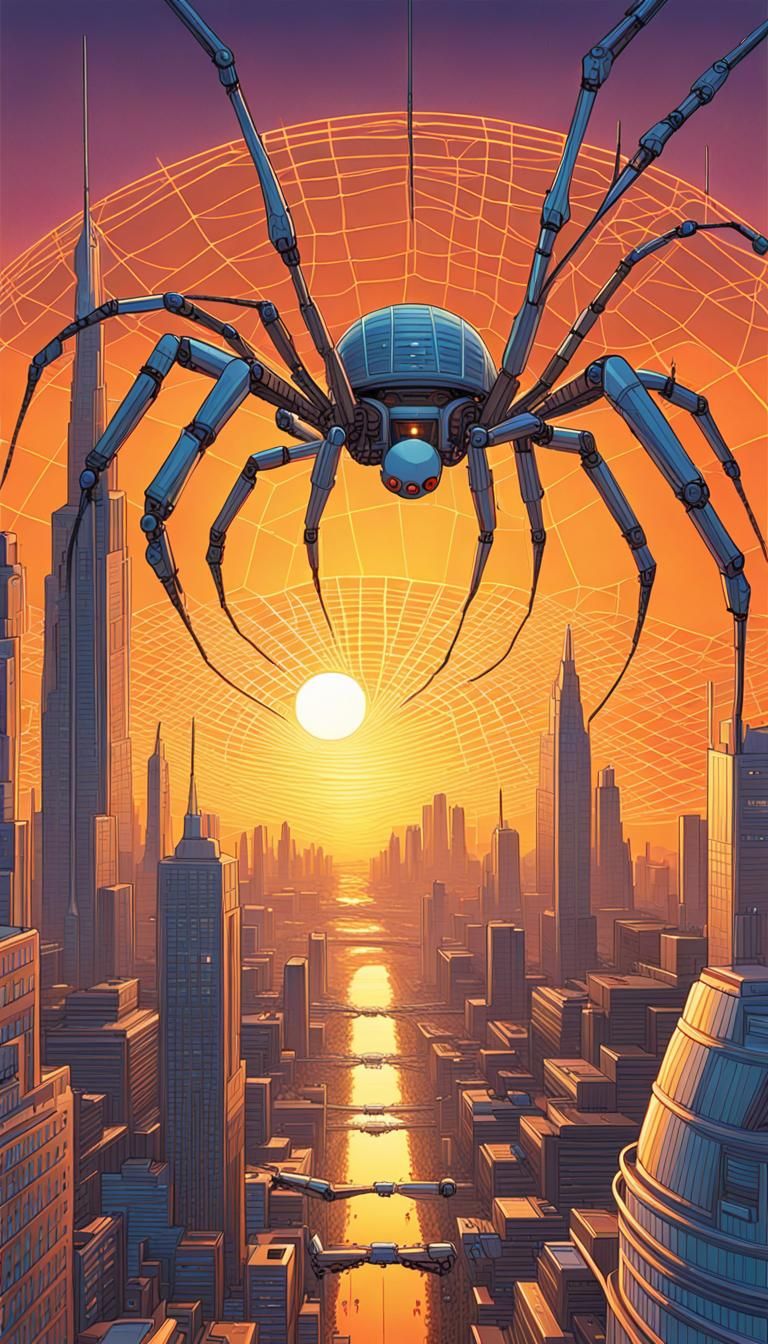 Solarpunk Cityscape with Spider Robots in Sci-Fi Illustratio...