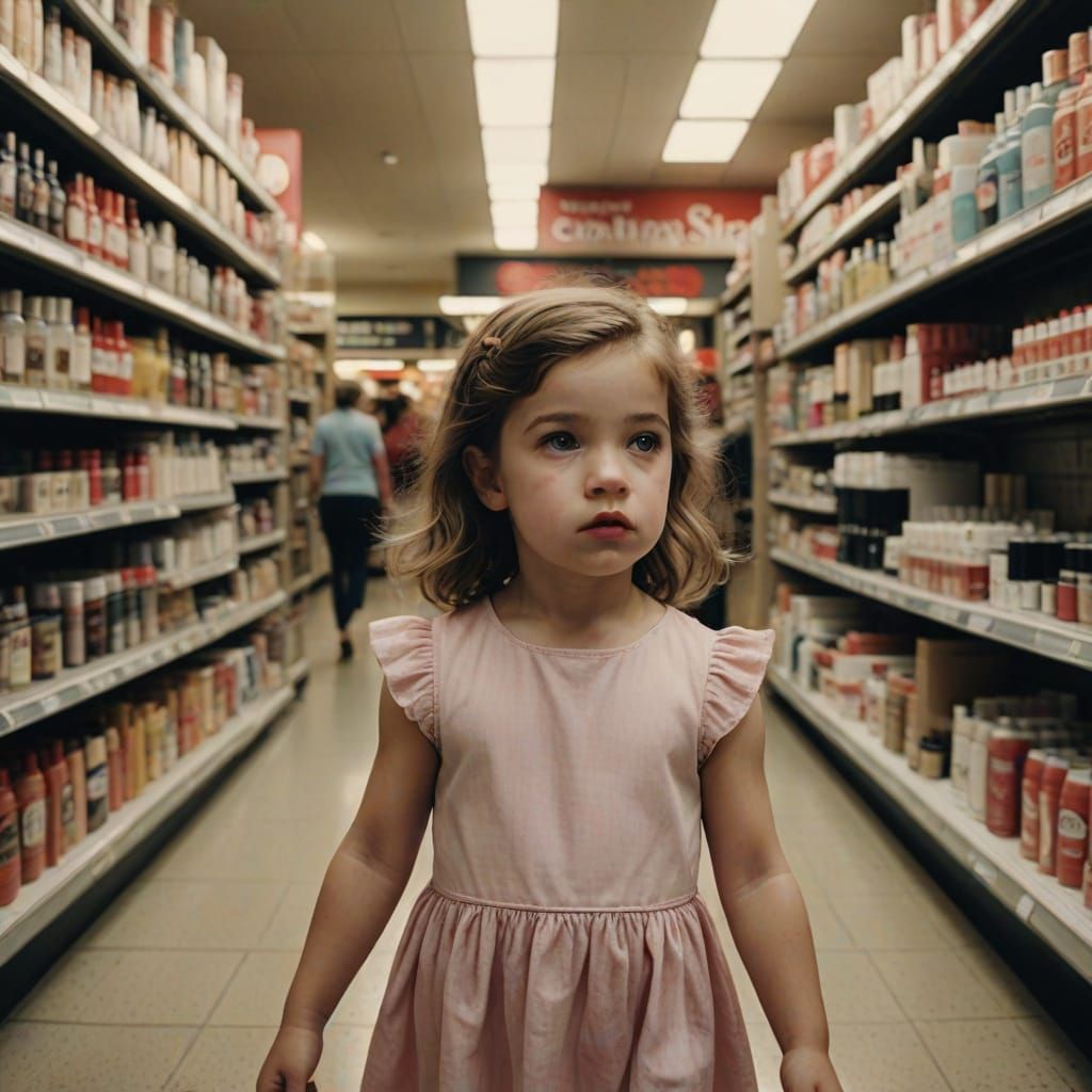 Young Girl in a Store, Captured in a Cinematic Film Still