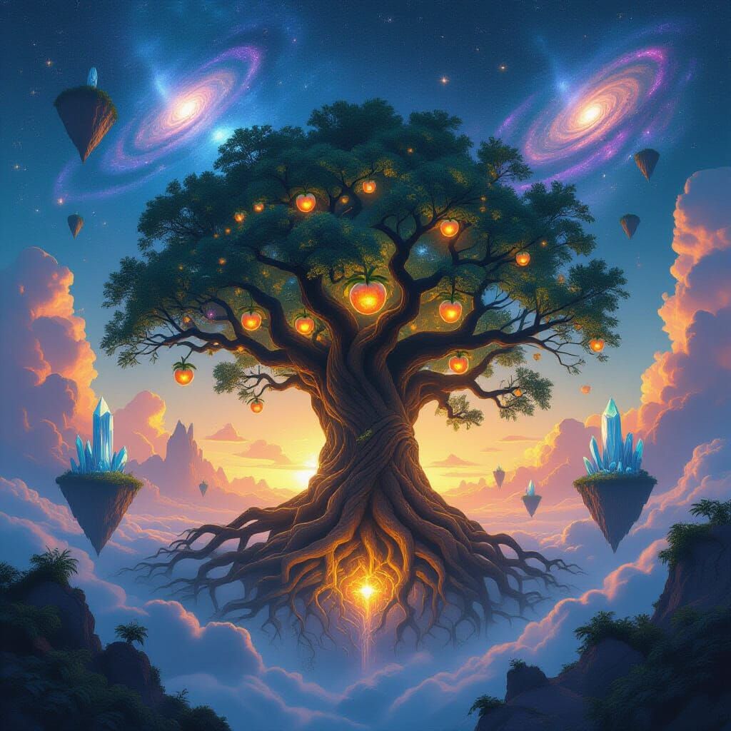 Ancient Star Tree With Glowing Fruits On Floating Islands