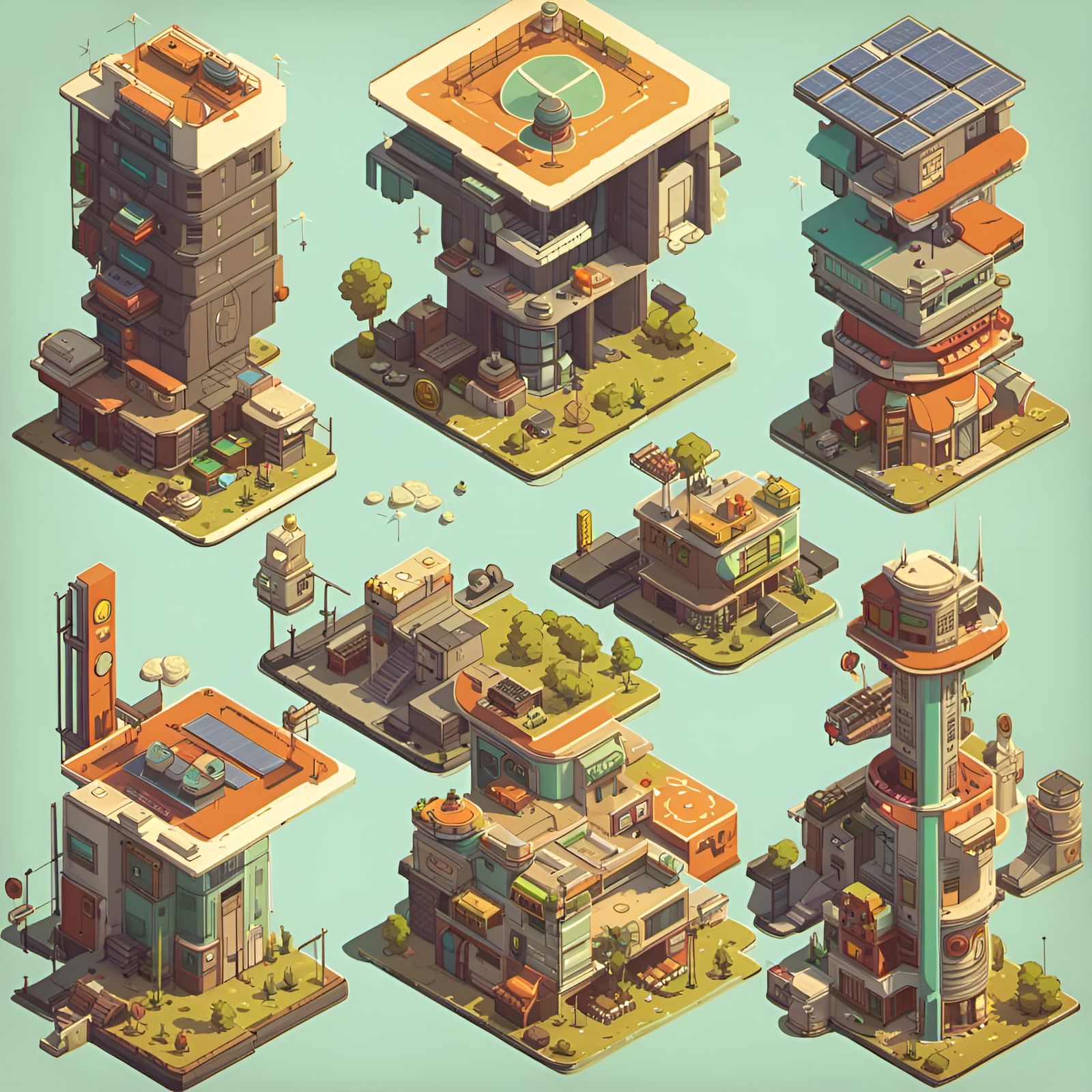 Solarpunk Game Assets in Seventies Toon Style