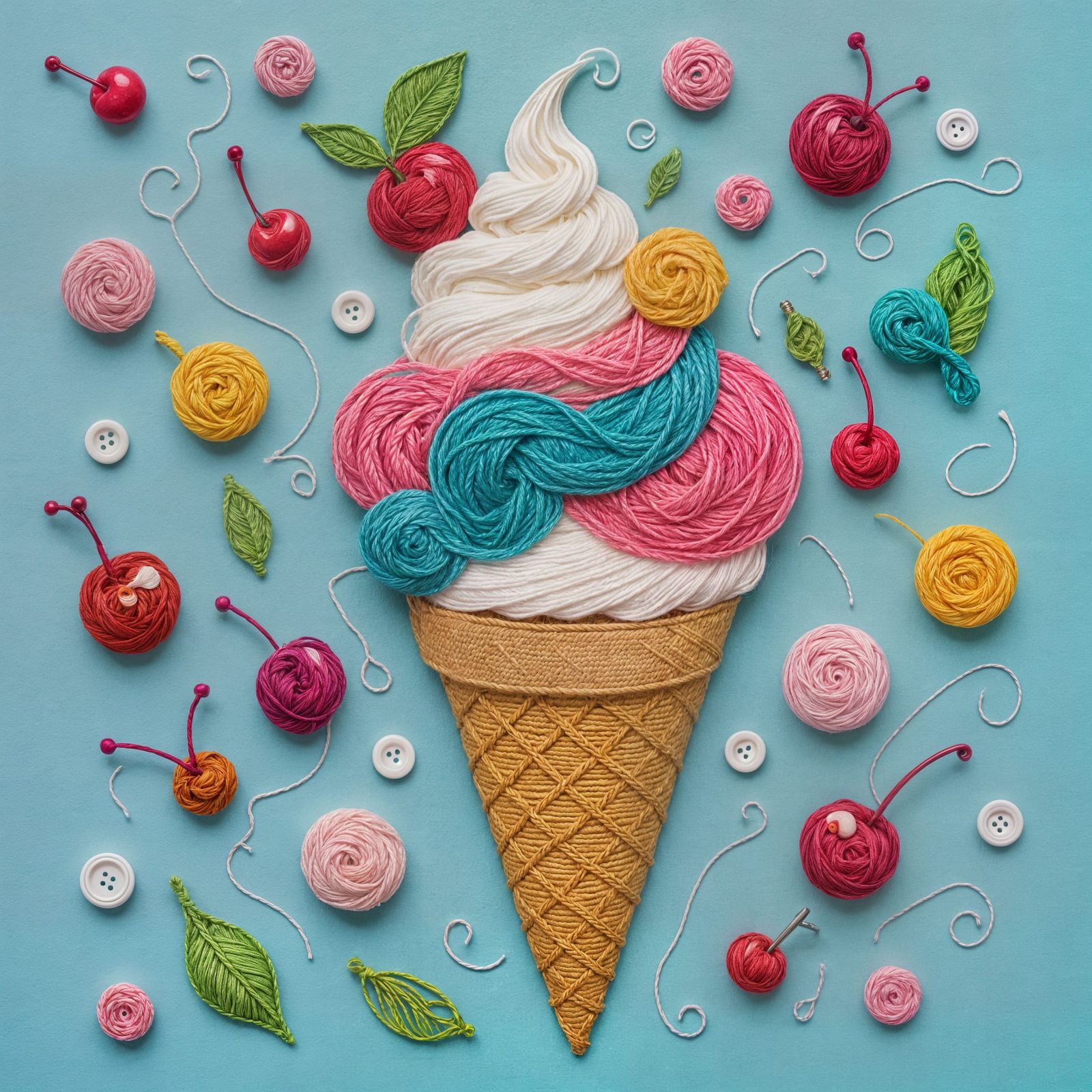A soft-serve ice cream cone swirled from colorful yarn and e...