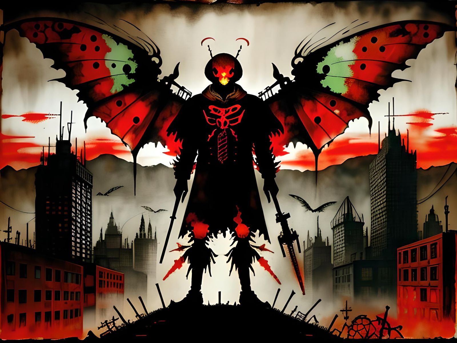 Mothman Silhouette in Post-Apocalyptic City