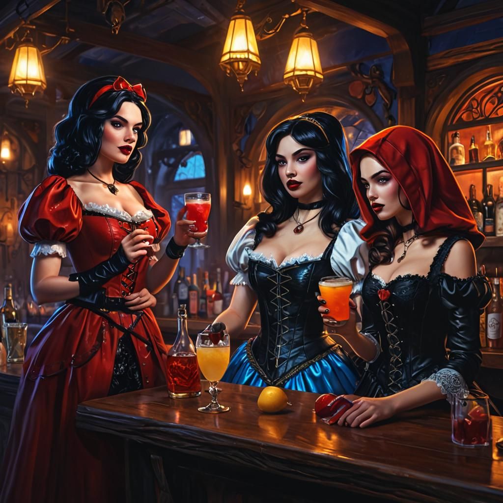 Dark Fantasy Bar Scene with Fairy Tale Characters