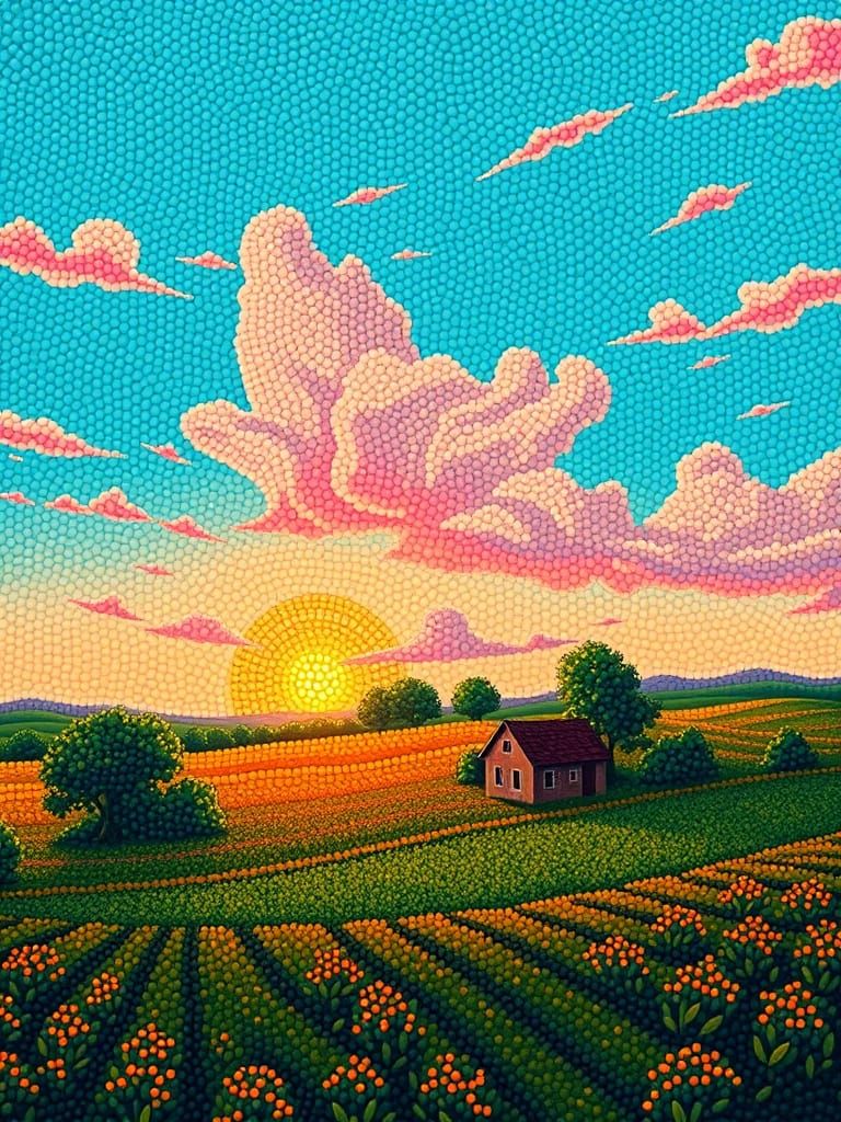 Rural Landscape at Dawn in Tapestry Style