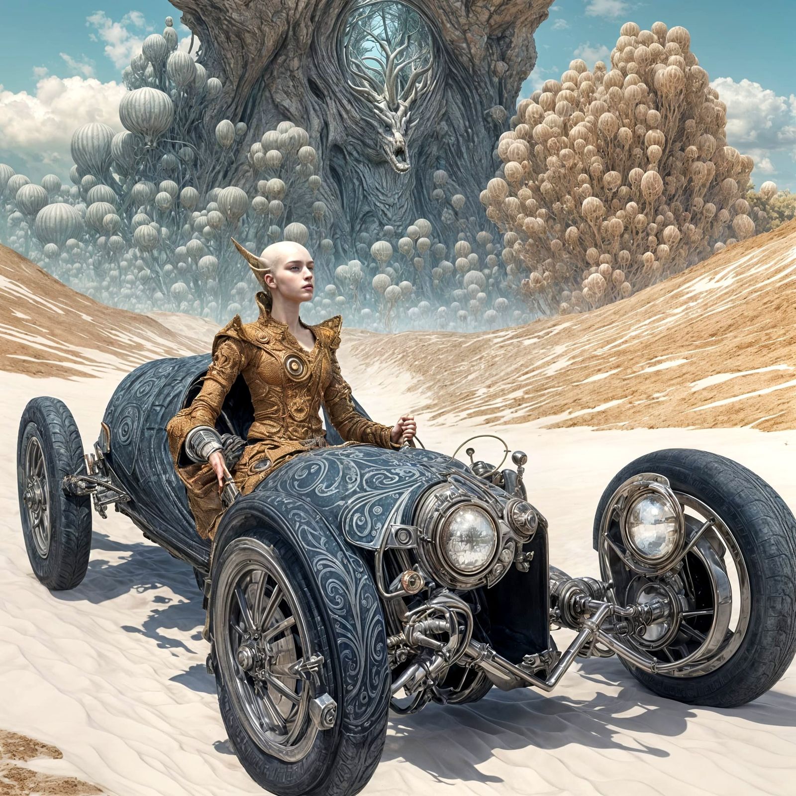 Surreal Cartoon Landscape with Bizarre Vehicles