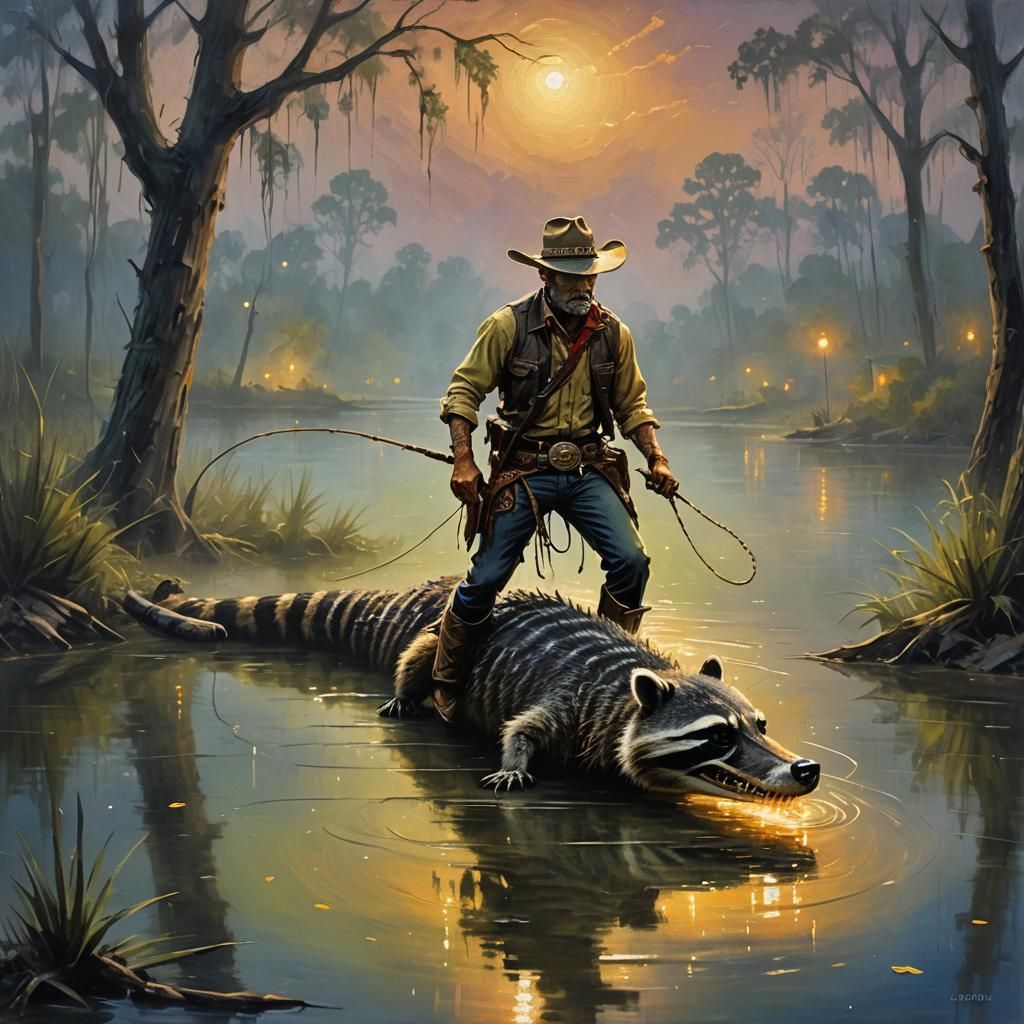 Raccoon Cowboy Roping Alligator: Impressionist Oil Painting