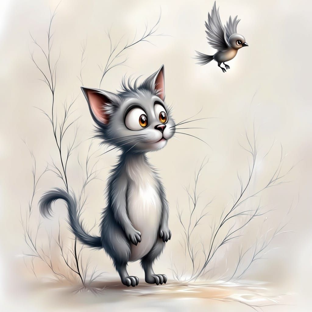 Whimsical Cartoon Cat with Curious Bird
