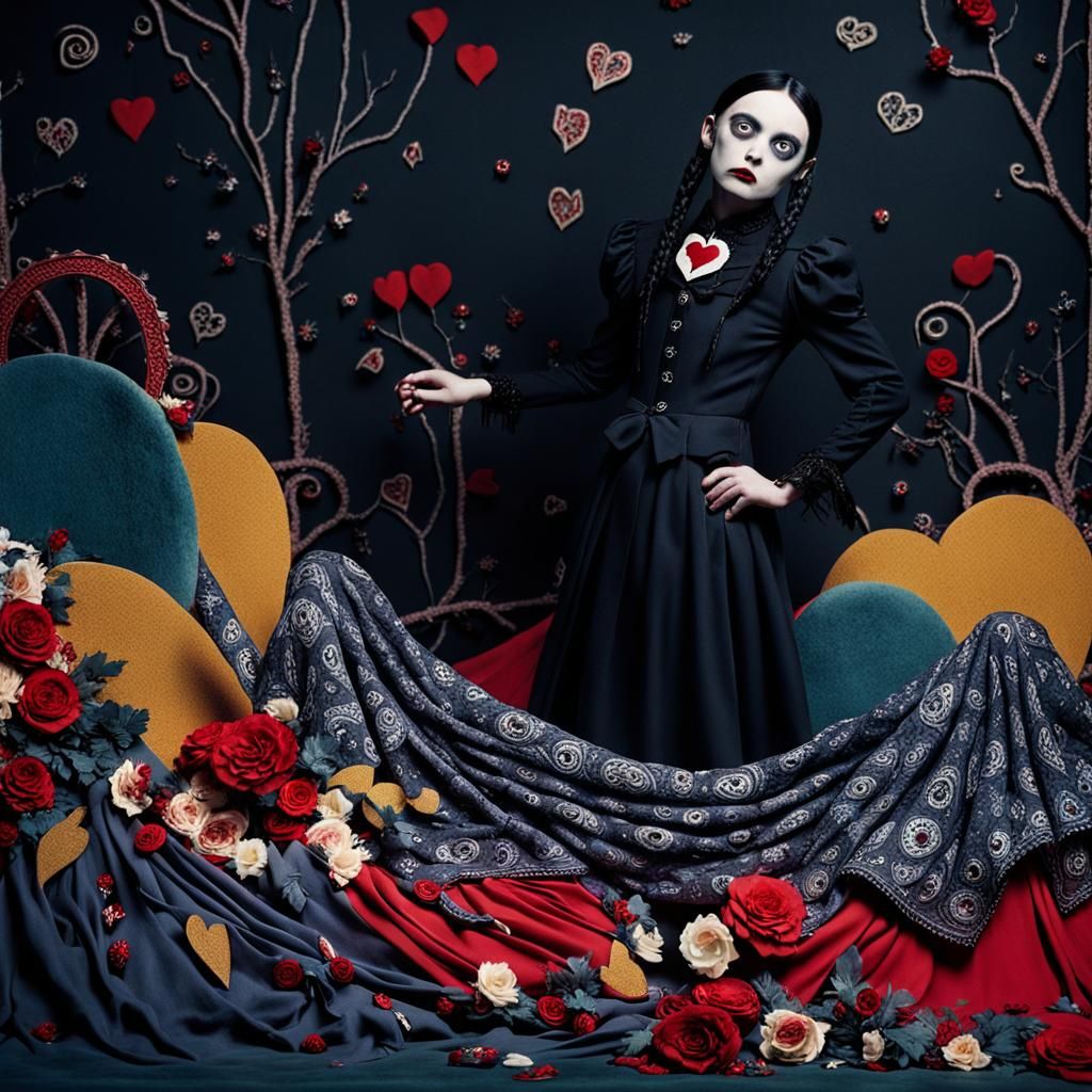 Tim Burton-inspired "Composed" fashion photograph of Wednesday Addams entwined in an elaborate red fabric with heart-sha...