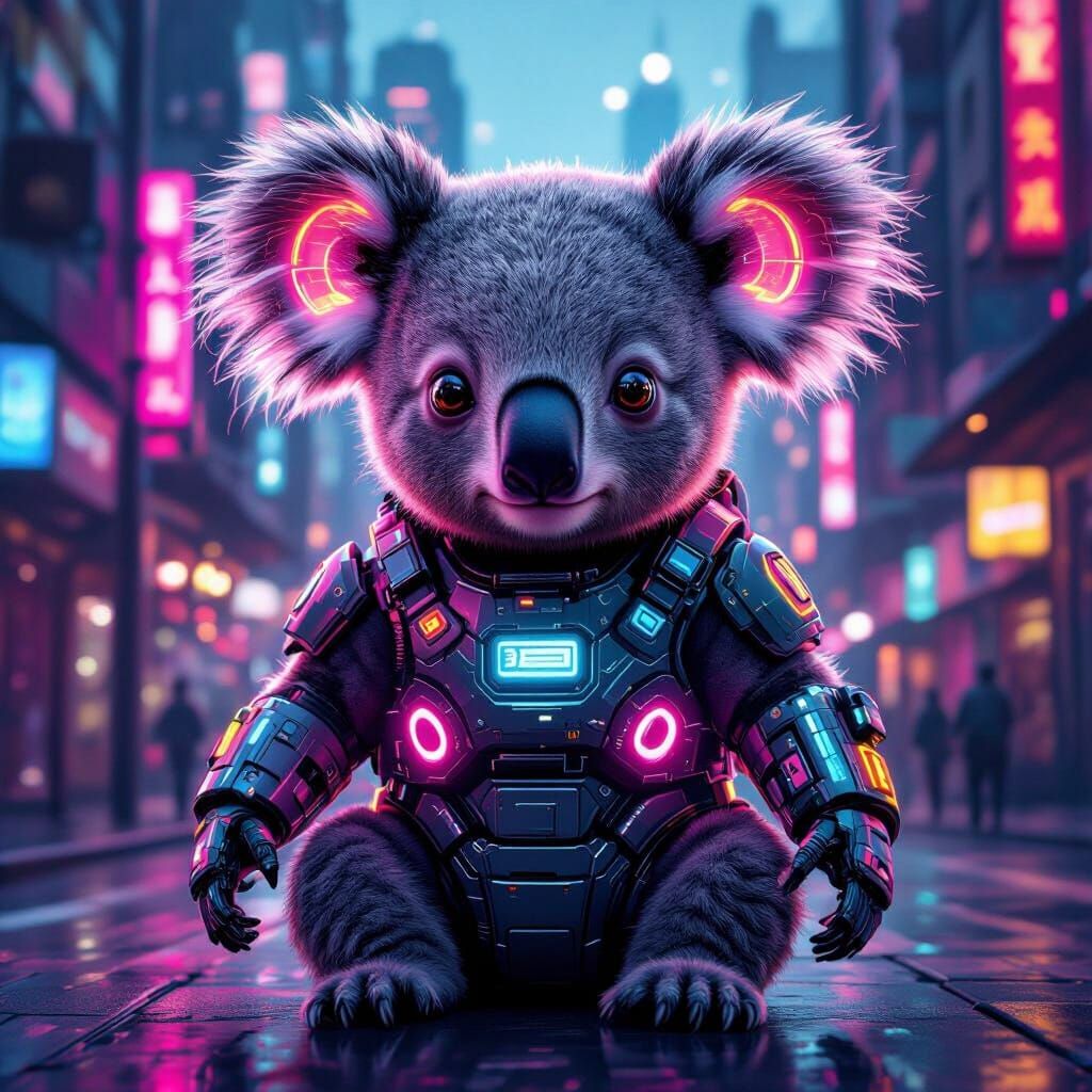 Cybernetic Koala in Neon Steampunk Metropolis