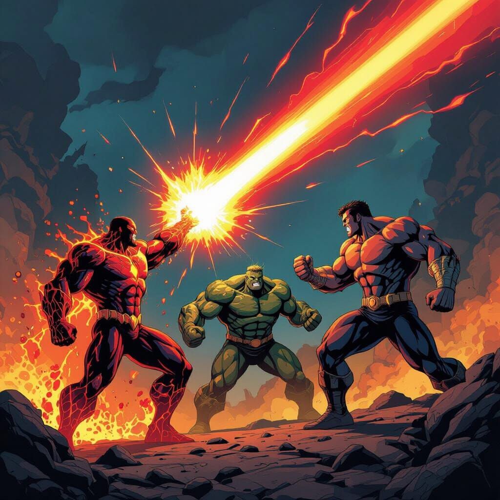 Superheroes Battle Colossal Red Laser Entity in Comic Style