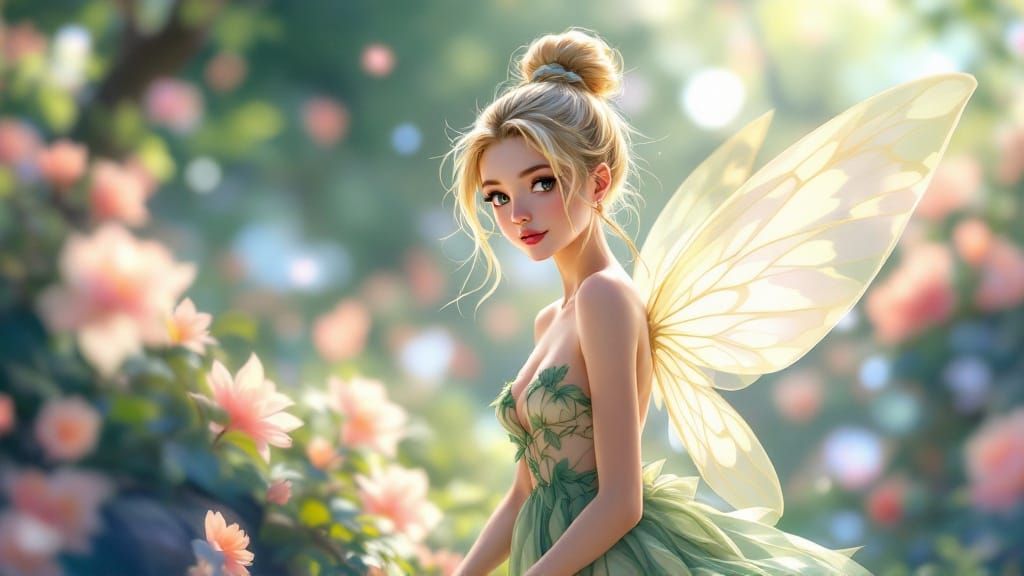 Contemporary Anime-Inspired Goddess Surrounded by Vibrant Gr...