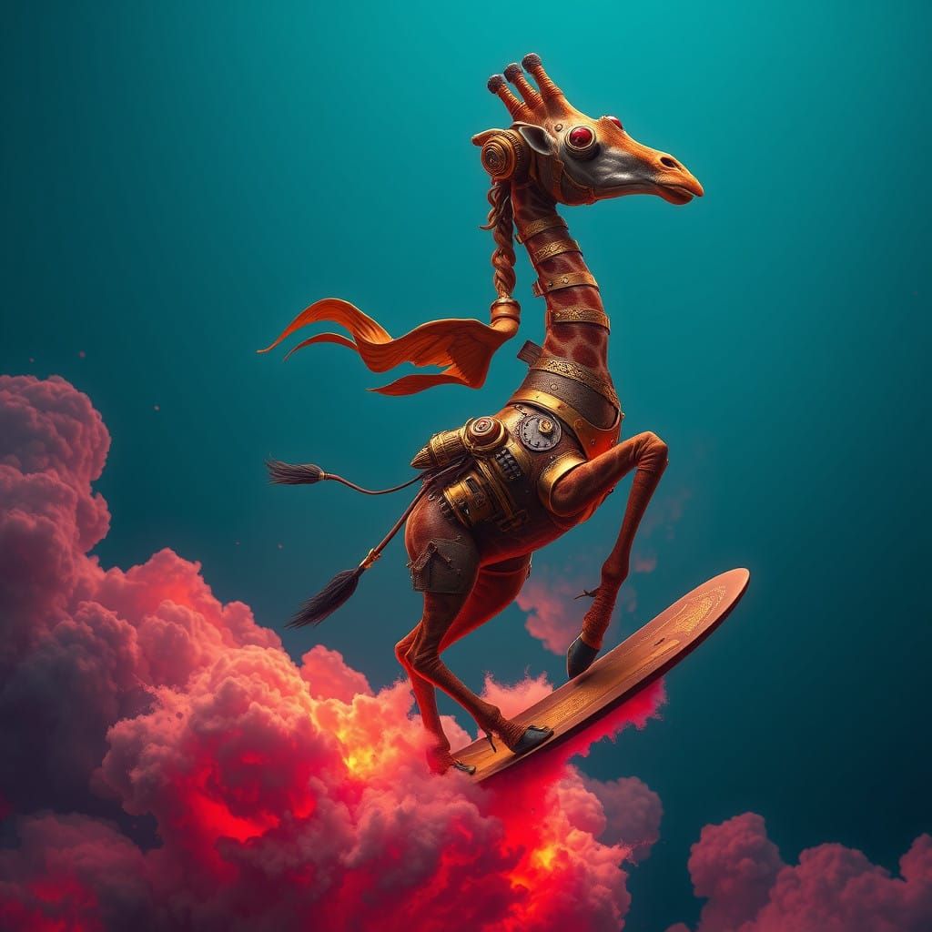 Steampunk Giraffe Rides Vibrant Red Clouds in Whimsical Fant...