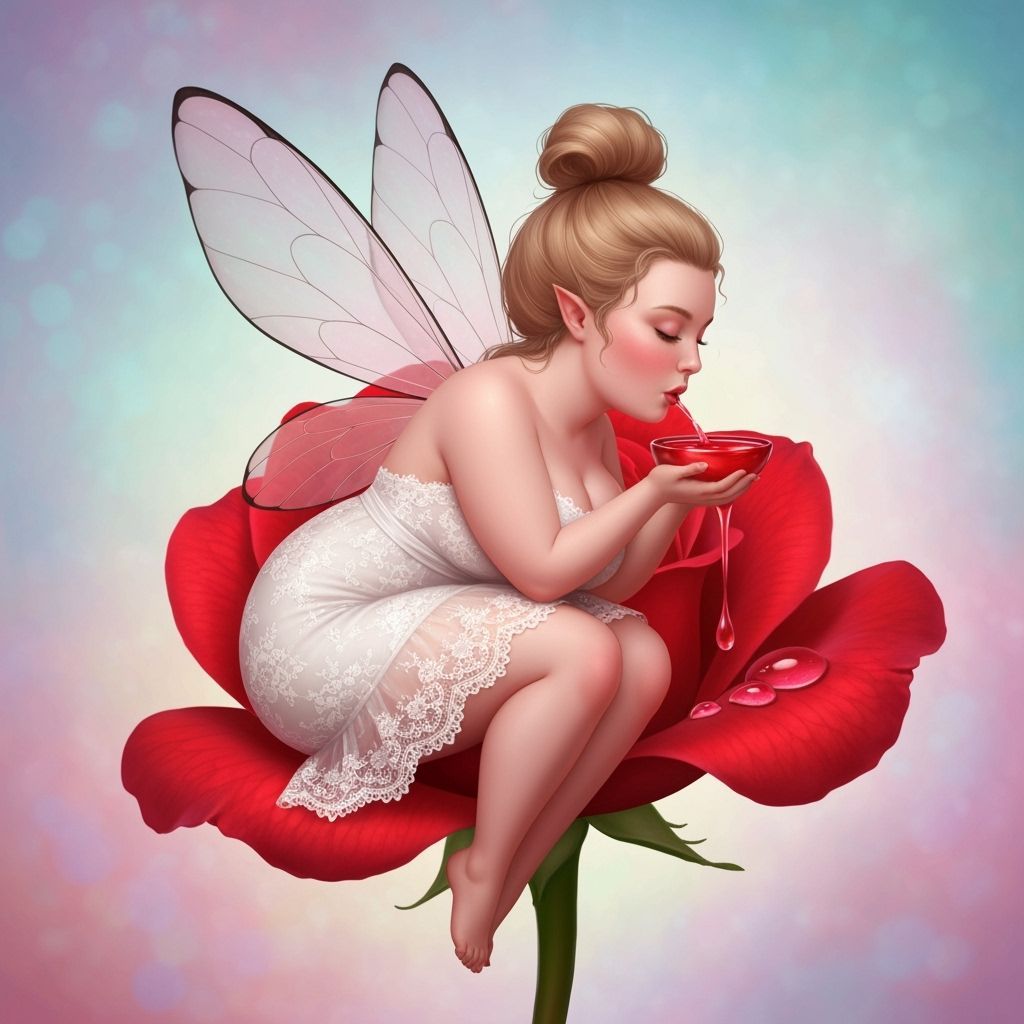 Beautiful Fairy Drinking Dew on Rose Petal