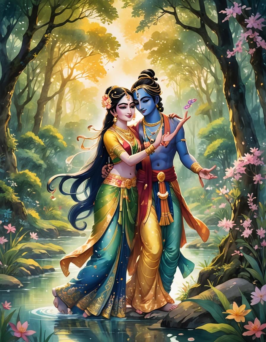 Anime Inspired Krishna and Radha in Vibrant Lush Forest