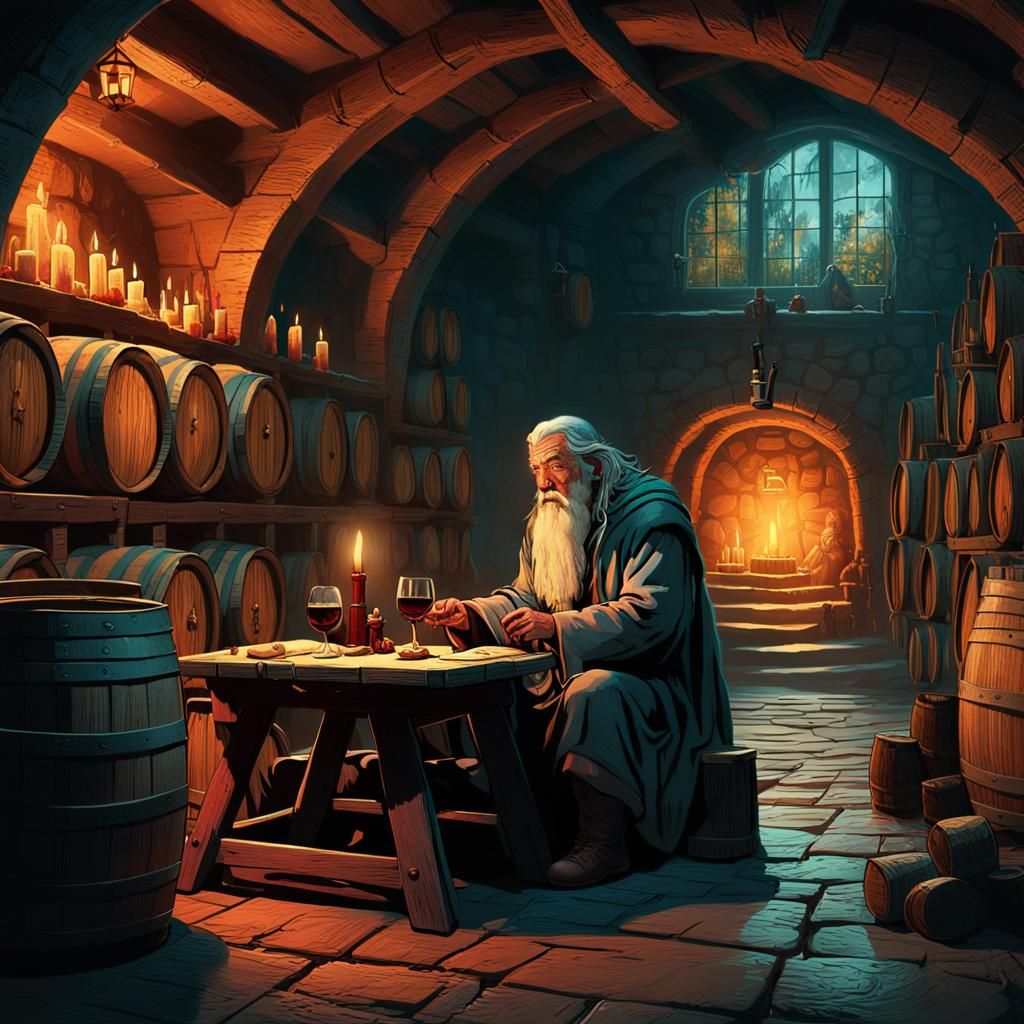 Gandalf in Ancient Wine Cellar, Digital Matte Painting