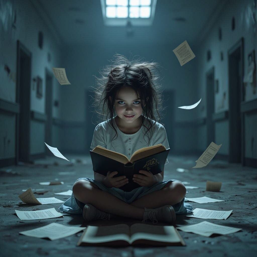Girl in Asylum Room with Floating Book Pages