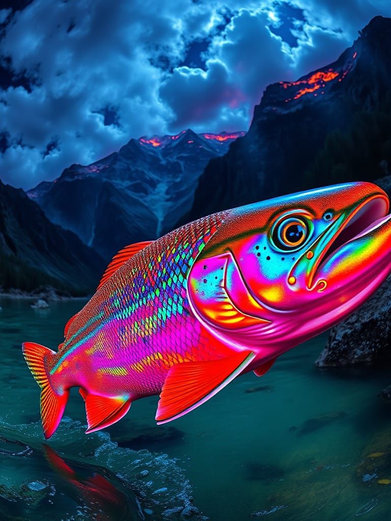 Iridescent Trout Under Crystalline Mountains