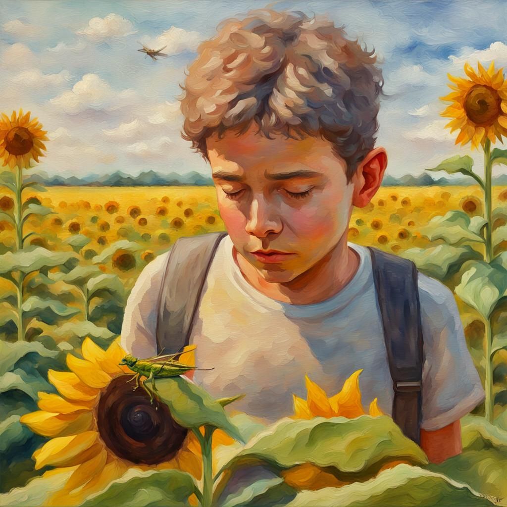 Grasshopper Contemplates Sunflower Field in Gouache Style