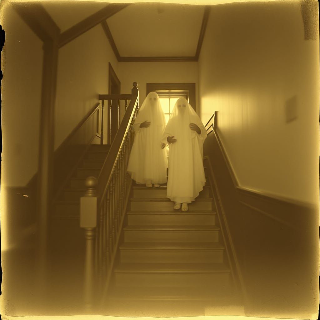 Ethereal Apparitions Descend Old Mansion Stairs