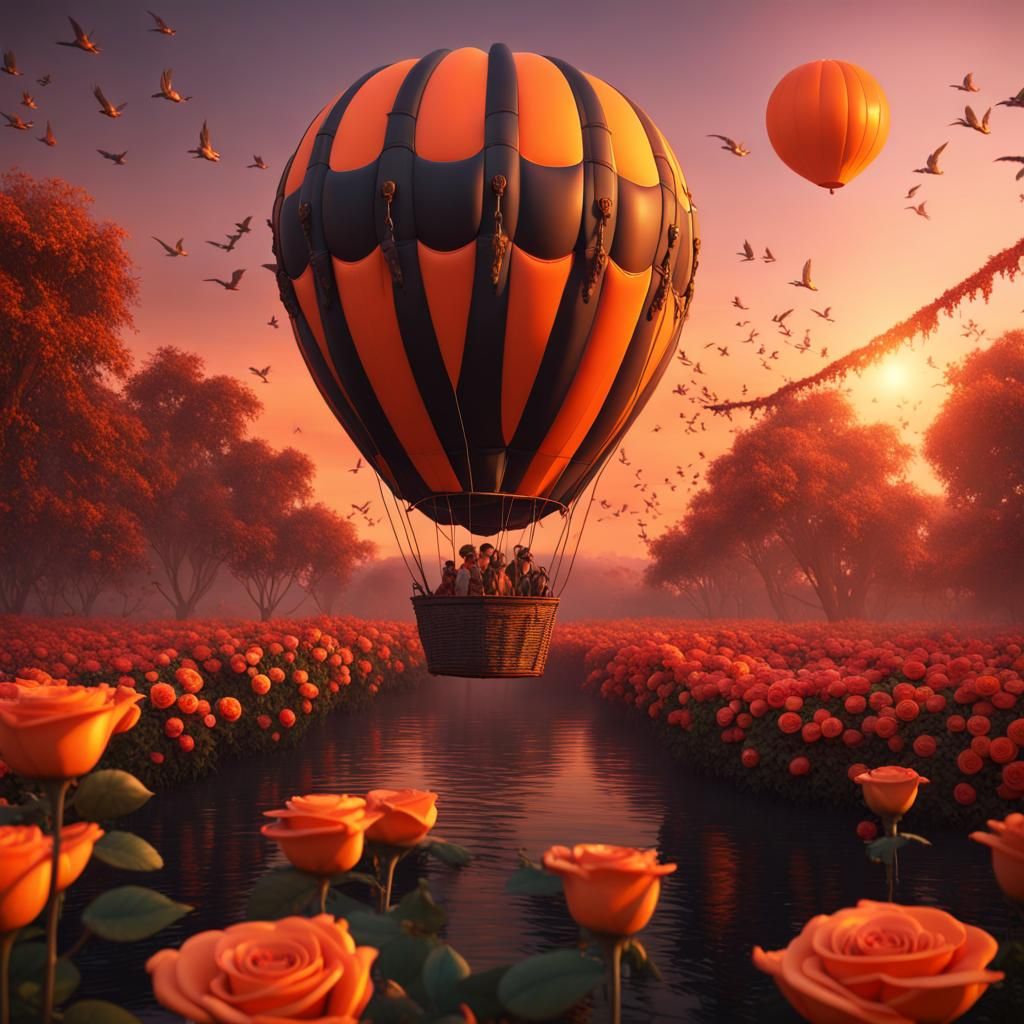 Orange Sunset Hot Air Balloon Fantasy Art